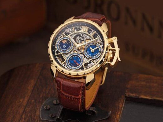 Tufina Theorema Oman GM-108-3 gold case skeleton dial watch for men with dual time function