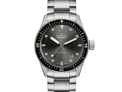 Blancpain Fifty Fathoms Bathyschape dive watch for men, black dial, silver bracelet, date calendar compilation, modern diving watch