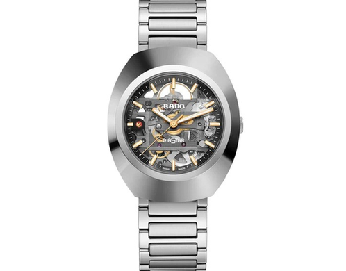 Rado DiaStar Original Skeleton silver skeleton watch for men with oval dial and yellow markers