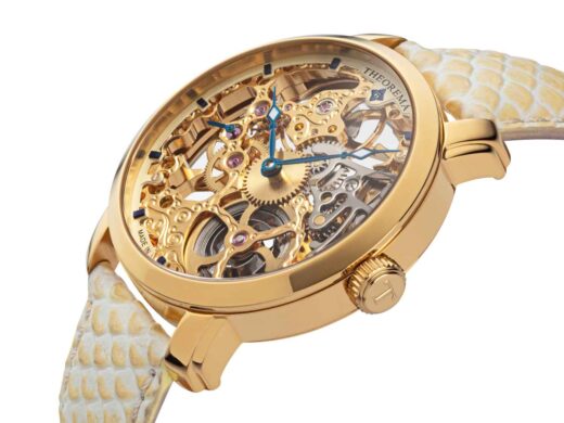 Tufina Theorema Venezia, gold skeleton watch for men with thin blue hands and a fish pattern white leather band