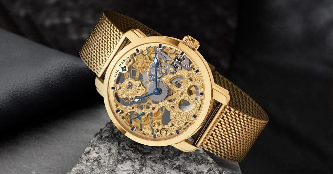 Tufina Theorema Venezia gold skeleton watch for men with blue hands and bracelet