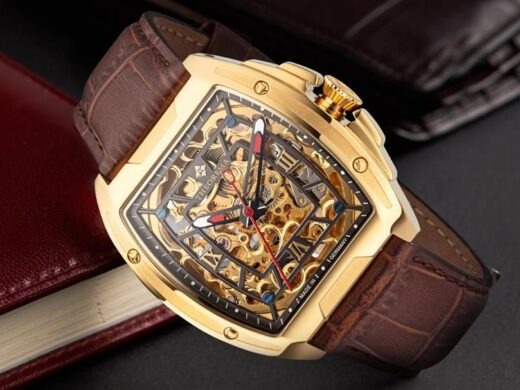 Made in Germany Theorema St. Petersburg GM-121-4 skeleton dial watch for men with a rectangle case and brown leather band