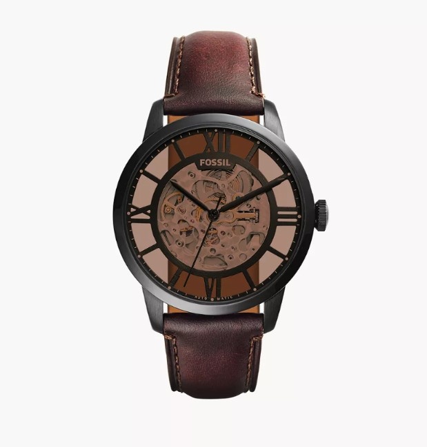 Fossil Townsman Automatic Watch with a brown skeleton dial and a brown leather band
