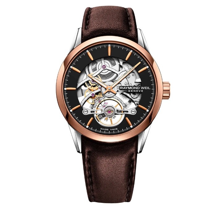 Raymond Weil Freelancer Automatic watch for men with a skeleton dial, brown leather band, rose case and classic design
