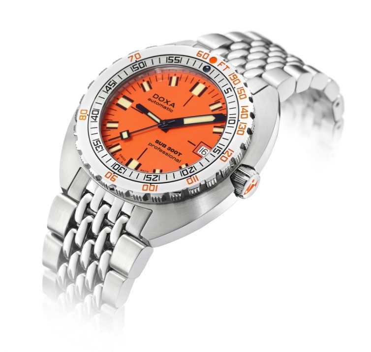 Doxa Sub 300T professional dive watch for men with an orange dial, sword black and white hands and a metal bracelet