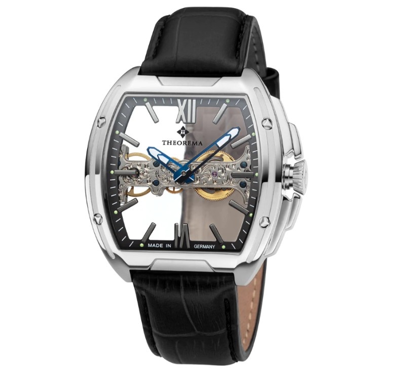 Tufina Theorema Golden Gate Silver skeleton watch for men with a square case, black leather band and Roman numerals