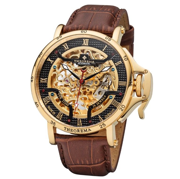 Tufina Theorema Madrid Gold classic watch for men with a skeleton dial, gold case, brown leather band and black details